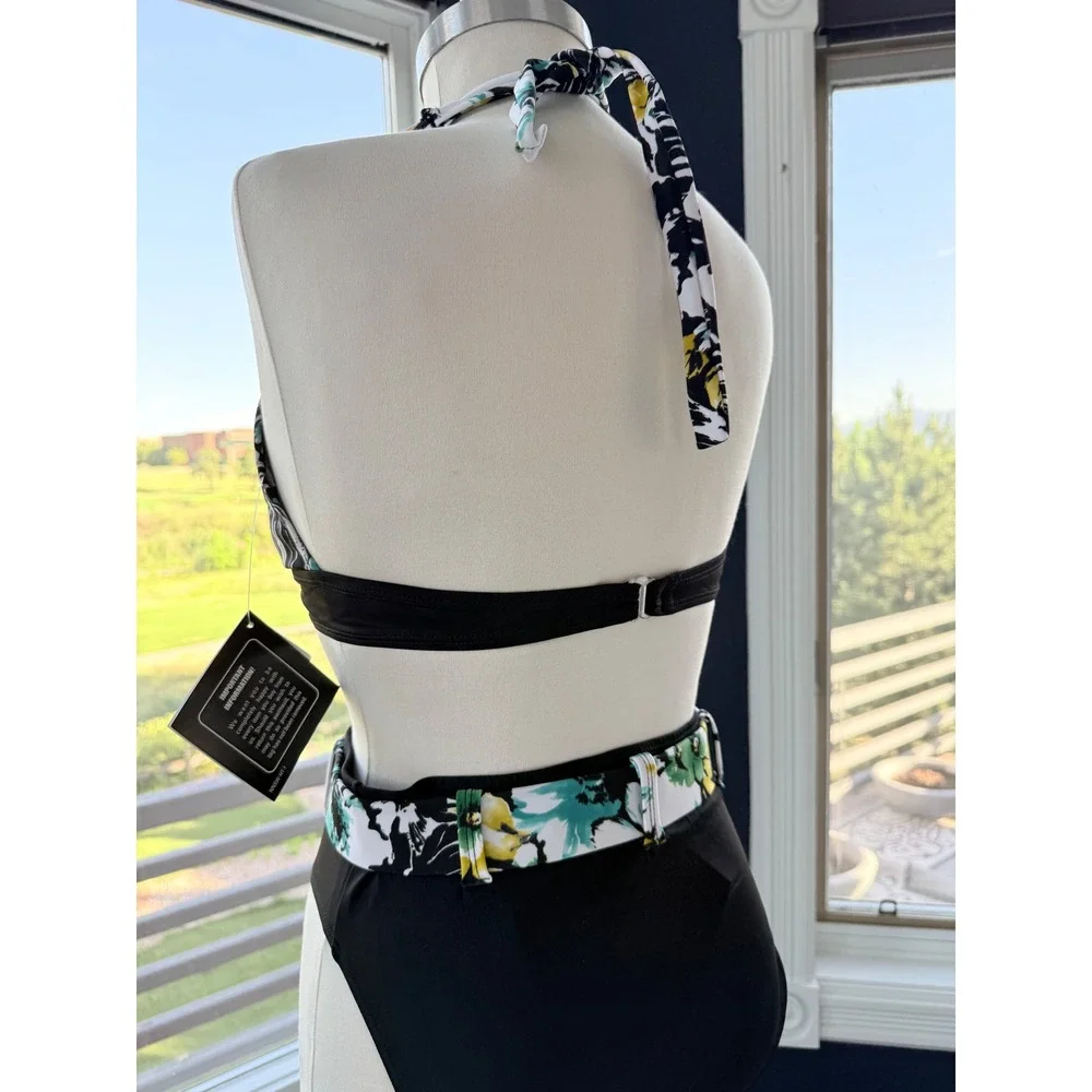 Newport News Swim Womens Floral Halter Bikini Set Belted High Waist Black 10 NEW
